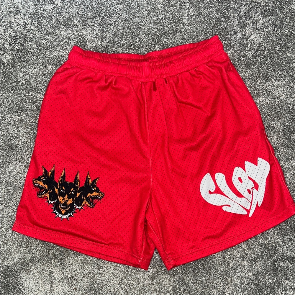 Soleboy Red and Black Men's Athletic Shorts with Graphic Design